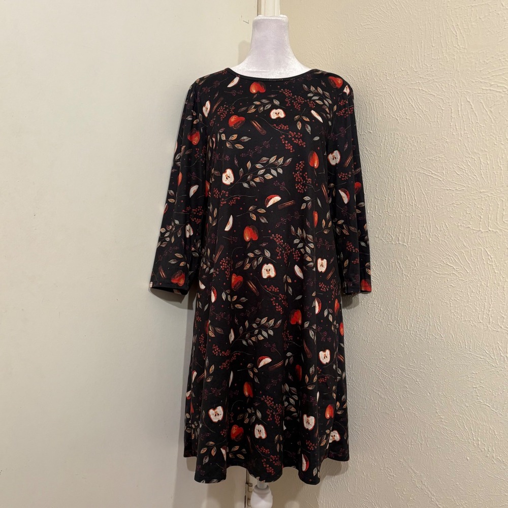 Fall Autumn Apple Harvest Long Sleeve Black Jersey Dress Witchy Rustic Kitschy S